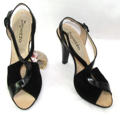 REPETTO Sandales PALATI talons 11 cm cuir glacé et velours noir 37.5 NEUF BOITE - Photo 1/4