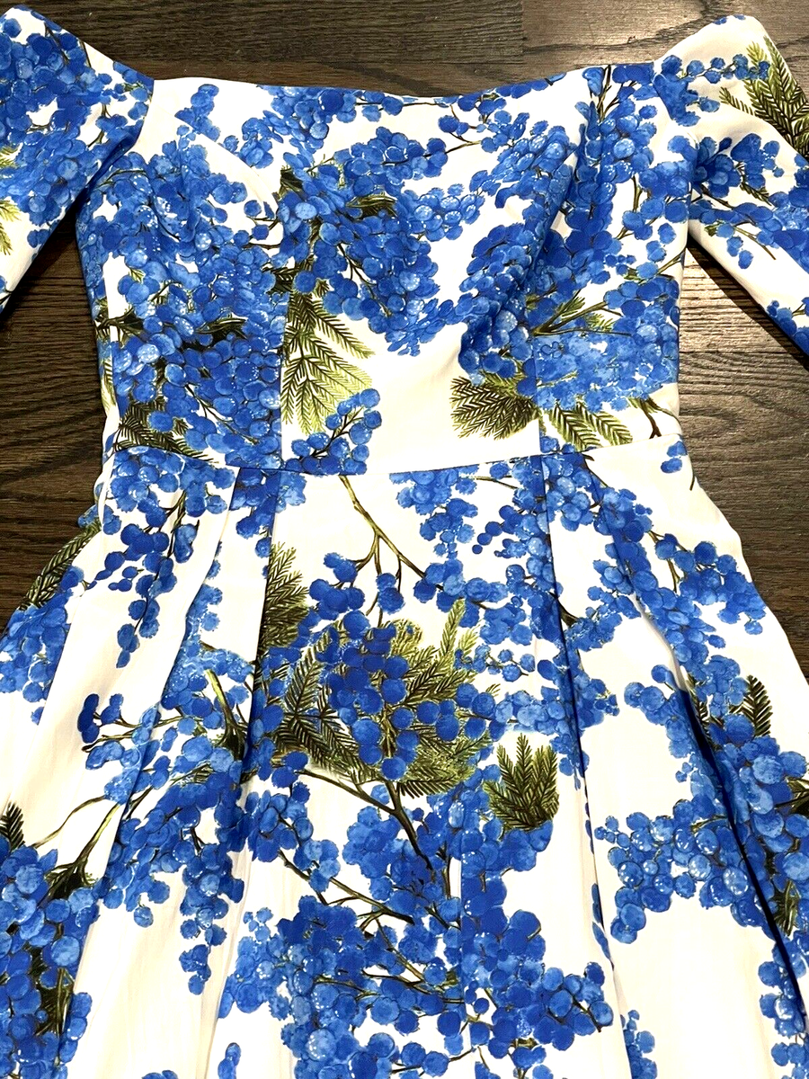 Carolina Herrera Cobalt Blue Floral Off Shoulder Bow Wrist Cocktail Dress  US 8 | eBay