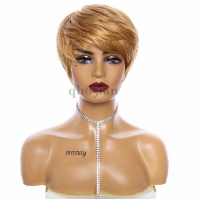 Women Natural Short Brown Blond Straight Full Wigs Pixie Cut Wig Hair with Bangs