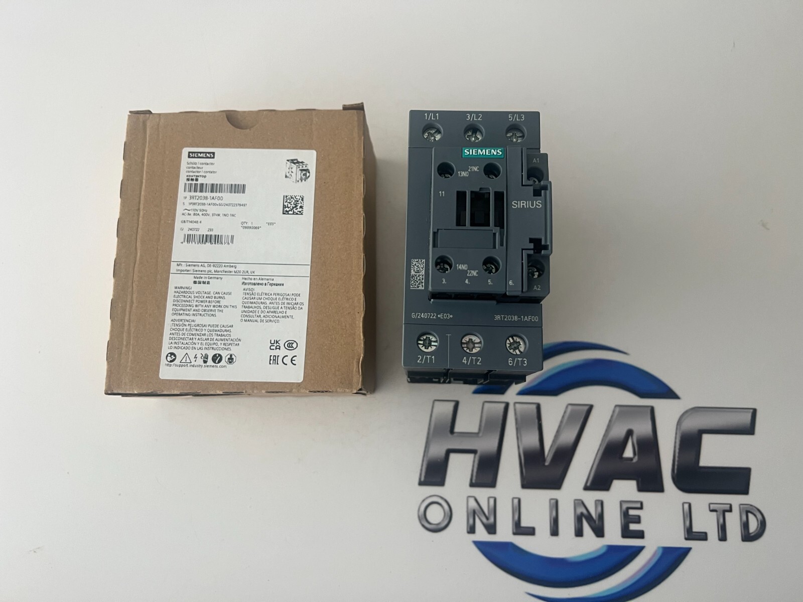Siemens 3RT2038-1AF00 Contactor 400 V, 3-pole, 110 V AC, 37KW 1NO 1NC