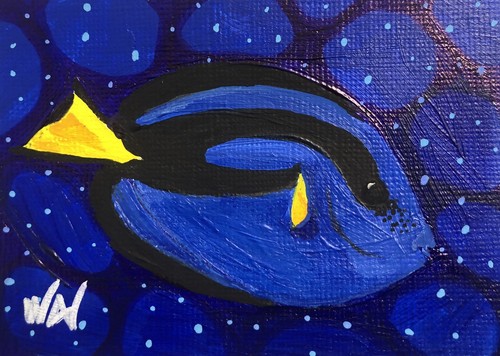 ACEO Original, ATC, Hawaiian Blue Tang, Acrylic Painting By WAV ,Signed,COA