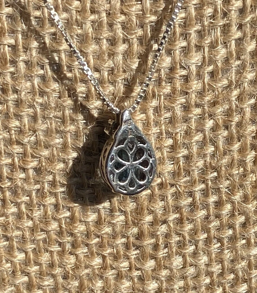 金色 10k 925 银海蓝宝石钻石项链 签名 RL — 第 3/4 张图片