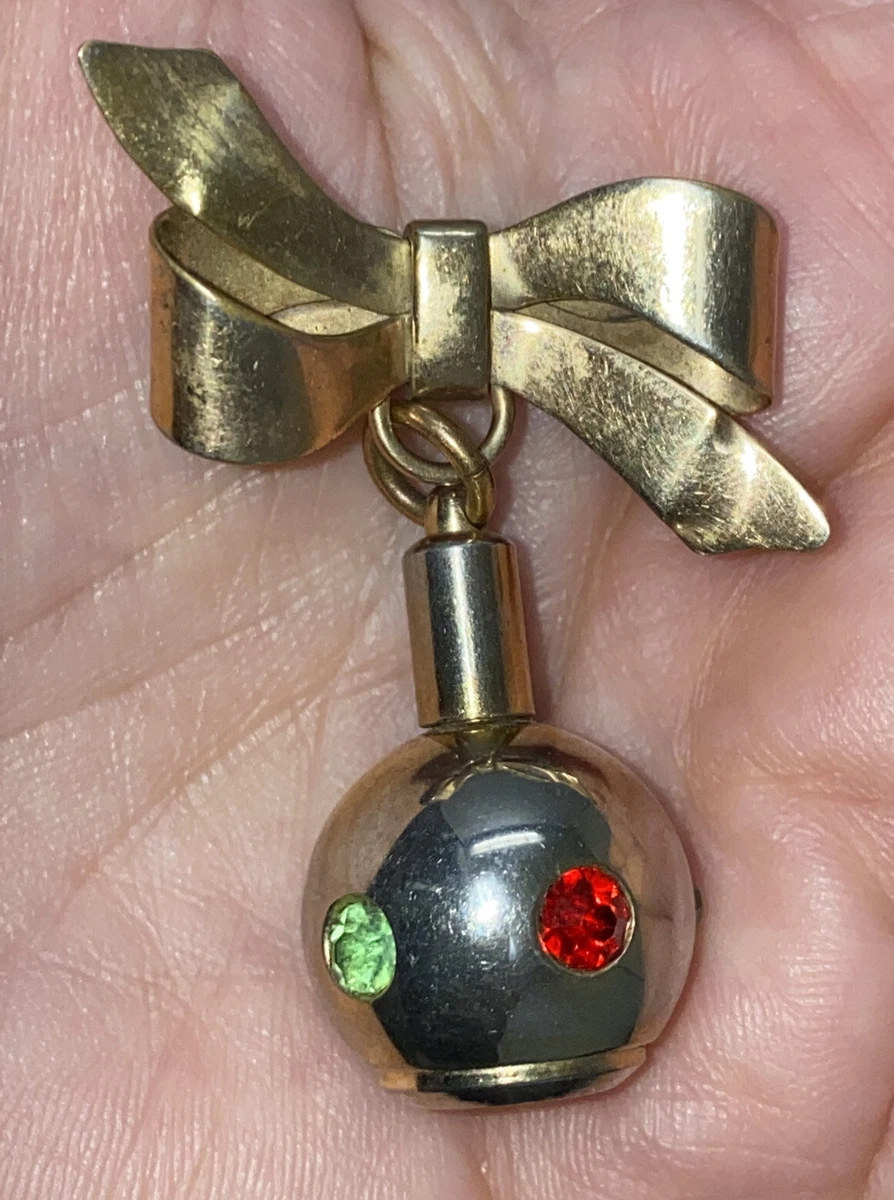 Rare Vintage Gold Tone Rhinestone Perfume Bottle Charm Lapel Pin Brooch