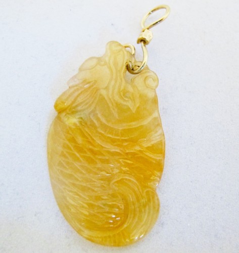 2,3" chinesischer 14K Gold Anhänger mit geschnitztem gelben Jadeit-Jadefisch der Klasse A mit Echtheitszertifikat - Bild 9 von 13