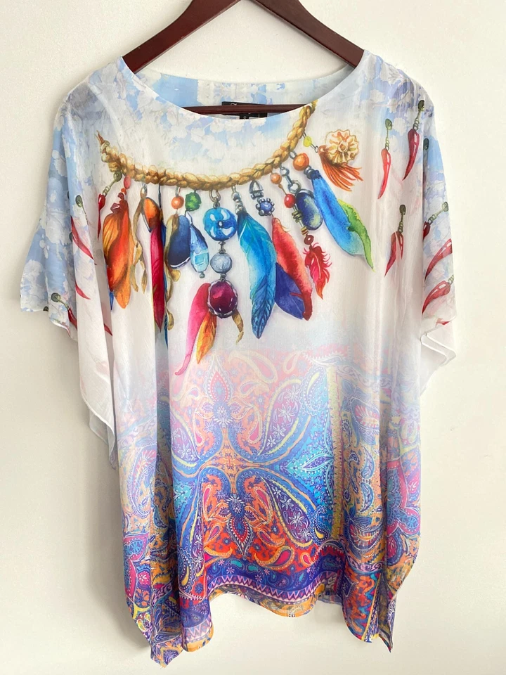 David + Jessie Blouse Womens Small White Multicolor Paisley Kaftan Round Neck