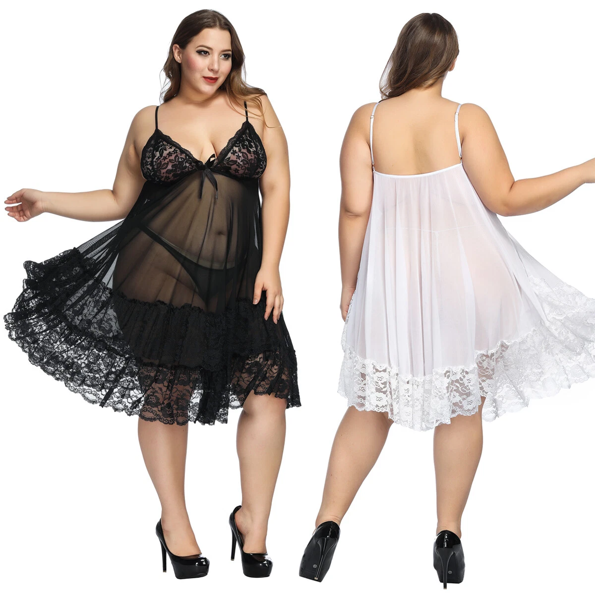 Plus Size Women Sexy Lingerie Lace Night Dress See Through