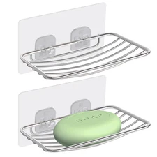 2PCS Soap Dish Shower Soap Holder Self-Adhesive Stainless Steel Sponge Holder