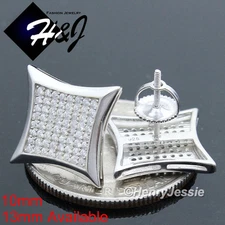 MEN SOLID 925 STERLING SILVER ICY BLING CZ 10/13MM 3D SQUARE STUD EARRING*E98