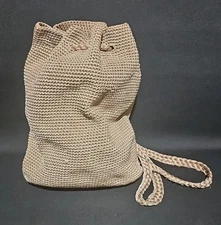 The Sak Crochet Drawstring Backpack Purse Tan Khaki Boho Bucket Bag Slouchy
