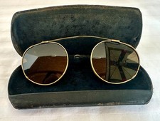 Anitque Gold Tone Metal Clip On Sunglasses with Case