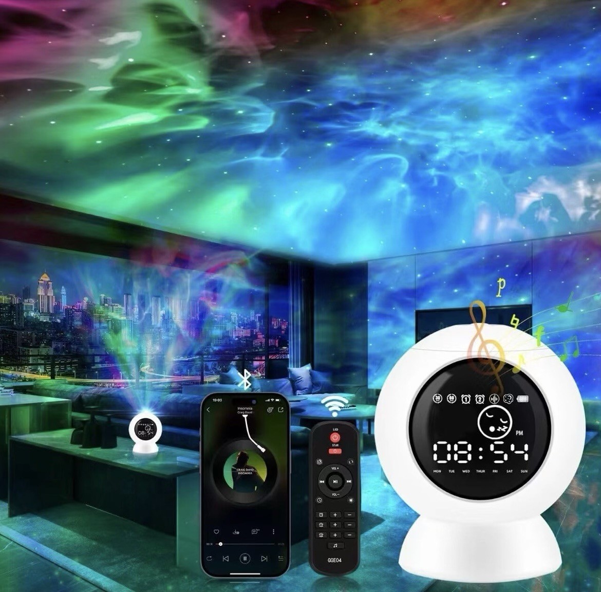 LitEnergy Star Projector Alarm Clock Bluetooth Speaker White Noise Night Lamp