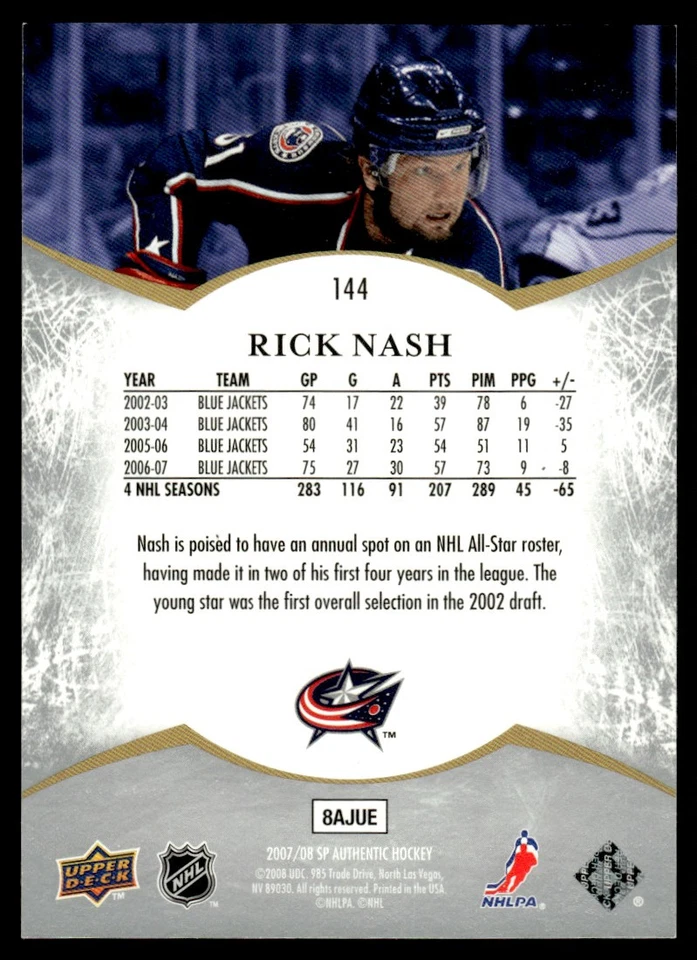 2007-08 SP Authentic SP NOTABLES Rick Nash 1860/1999 Columbus Blue Jackets #144 - Image 2 of 2