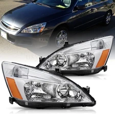 For 2003-2007 Honda Accord Headlight Assembly Headlamp Pair Chrome RH+LH