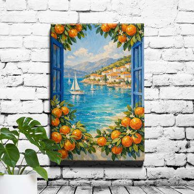 Window view to coastal town Canvas Print orange tree and seaside scene