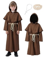 Kids Medieval Renaissance Monk Costume Priest Wizard Cloak Hooded Robe for Bo...