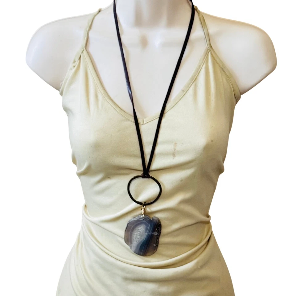 Ожерелье из натуральной кожи латуни 41 дюйм Crunchy Diva Designs Botswana агат камень - Изображение 2 из 4