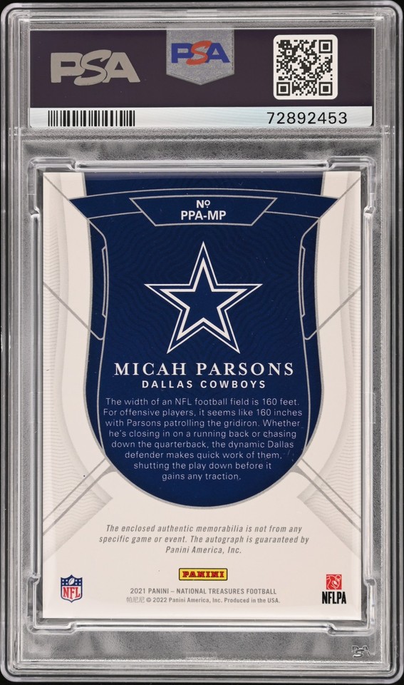 2021 NATIONAL TREASURES PRODIGY PATCH AUTO TAG 1/1 MICAH PARSONS 1/1 ...