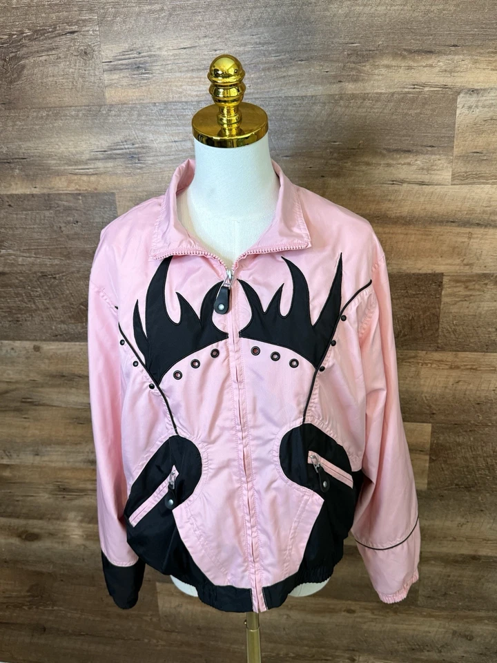Chaqueta cortavientos vintage Jamie Sadock rosa y negra - mediana para mujer Foto 2 de 4