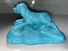 CRACKED TOP Portieux Vallerysthal Blue Milk Glass Hunting Dog Trinket Dish