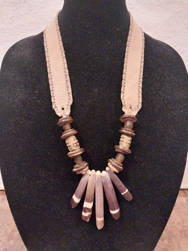 Twine & Twig Natural Shore Spine Boho Beaded Leather Strap Statement Necklace