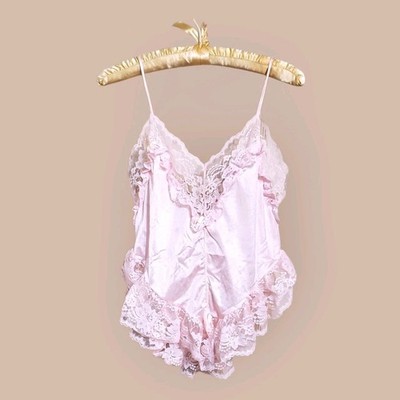 Vtg Pink Frilly Lace Pearls Lingerie Camisole Top Alana Gale Large Heart Shape 