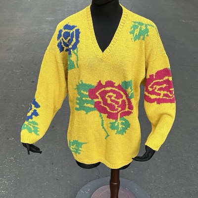 Vintage Antonella Preve Knit Grandma Sweater Yellow Roses Floral V-Neck SMALL