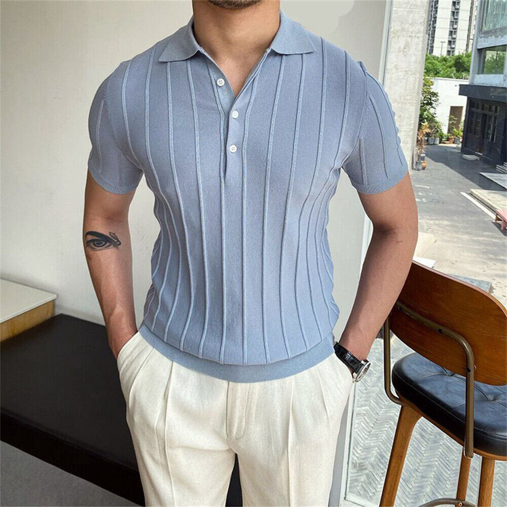 Short Sleeve Knitted Polo Shirt Button Casual Slim Fit Shirts eBay