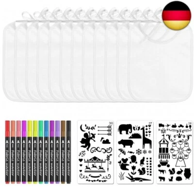 AOKITO 12 Stück Lätzchen zum Bemalen, mit 12 Farbigem Farbigem Textilstiften und 3 M