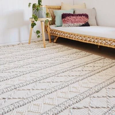 Mila Ivory Texture Braided Tribal Wool Area Rug 250x160cm Texture Braided Tribal Wool Area Rug
