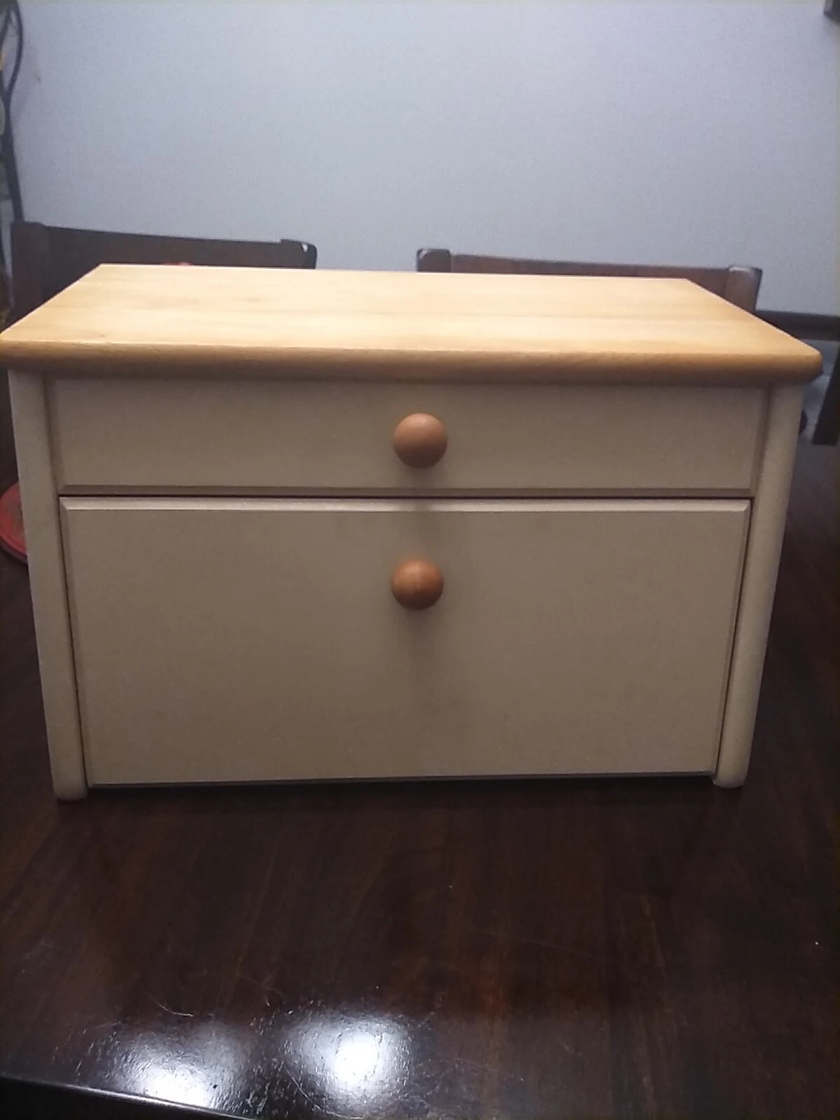 Vintage Cream Color Wooden Bread Box Top open And Pull Down Door