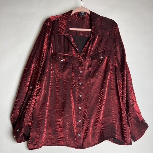 Elementz Damen Bluse rot 2XL Knopfleiste glänzend metallic Strass Knopf