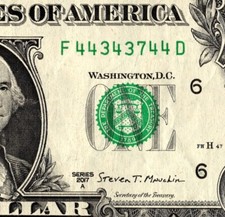 Trinary Fancy Serial Number One Dollar Bill F44343744D