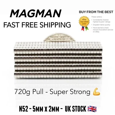 MAGMAN N52 Magnetic Fasteners 5mm x 2mm Disc Magnet Round small UK SELLER 720g PULL