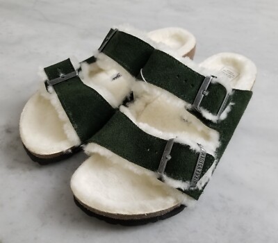 Birkenstock Shearling Arizona Dark Green Suede Sandals Size  display picture 1