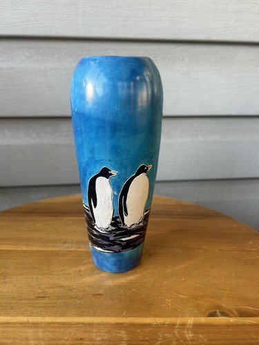 Emperor Penguins Vivid Blue Hand Carved Soapstone Vase 8" Kenya