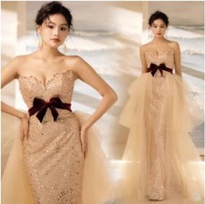Gorgeous Off Shoulder Bowknot Shine Sequins Prom Gown Chic Evening Party Dresses
