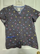 Cherokee Body Stretch Scrub Top size L-Black/Pastel Floral--Chest 23.5"/L 26.5"