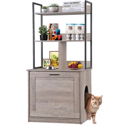 SEGAWE 50" Cat Litter Box Enclosure w/ Shelves 2-in-1 Hidden Litter Box Furniture Grey