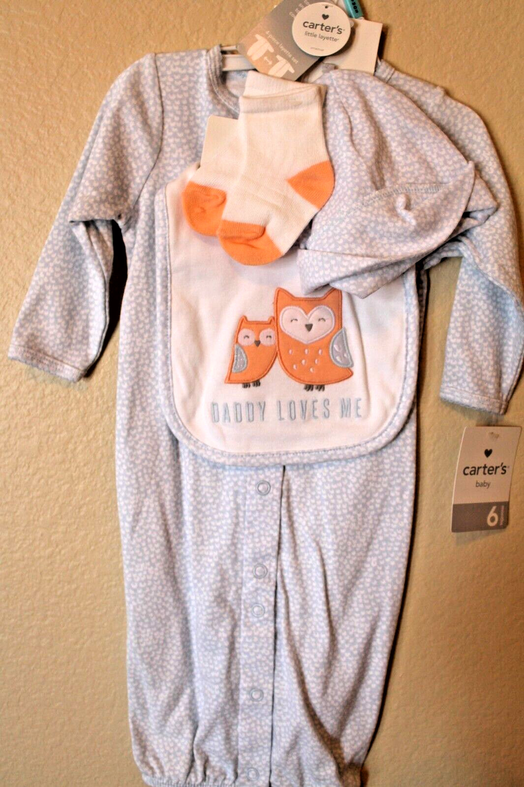 Conjunto de capas Carter's Little Owl para bebé niña 6 meses vestido, babero, gorra y calcetines