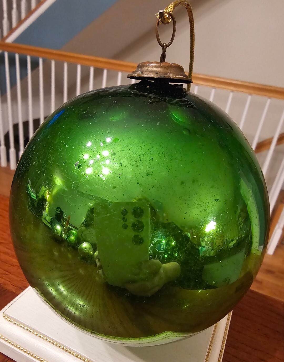 Lot Of 7 Antique Kugel Christmas Ornaments Blown Glass Green Silver