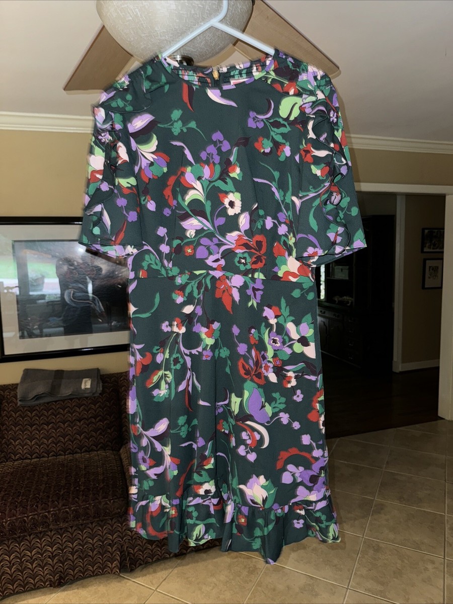 kate spade green floral dress KATE SPADE SIZE 6 FLEUR NOVEULLE RUFFLED SMOKED FLORAL FOREST GREEN MINI  DRESS