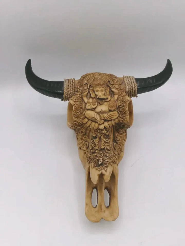 Decorative Resin Bull Skull Wall Art with Ganesha Carving - Image 1 of 4