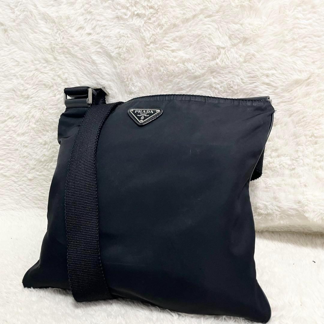 Prada Black Nylon Leather Shoulder Bag with Triangle Logo Large Capacity