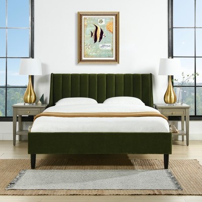 Aspen Vertical Tufted Modern Headboard Platform Bed Set, Queen, Olive Green Pe