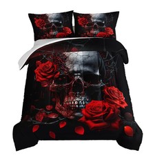 Death Skull Gothic Bedding Set, Horror Red Rose Floral Comforter Queen Size
