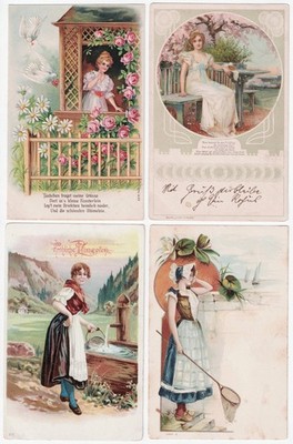 Bundle of 4 old postcards, beautiful women, romance, used once, 3 x unused