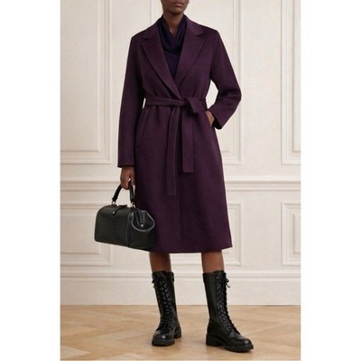 MaxMara  S Wool Eggplant Dark Purple Belted Wrap Long Coat