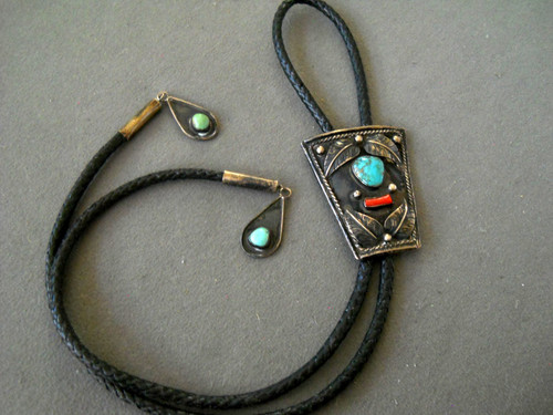 OLD Southwestern Style Turquoise & Coral Sterling Silver Bolo Tie Dangles Mexico