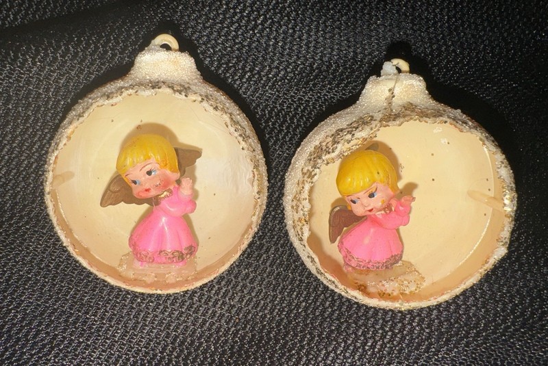 Lot Of 2 Vintage Angel Diaroma Christmas Ball Ornaments