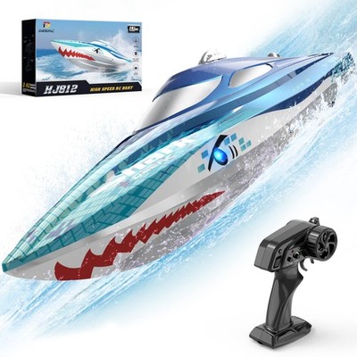 DEERC Full Proportional Remote Control Boat with LED Lights, Shark Graffiti, ...